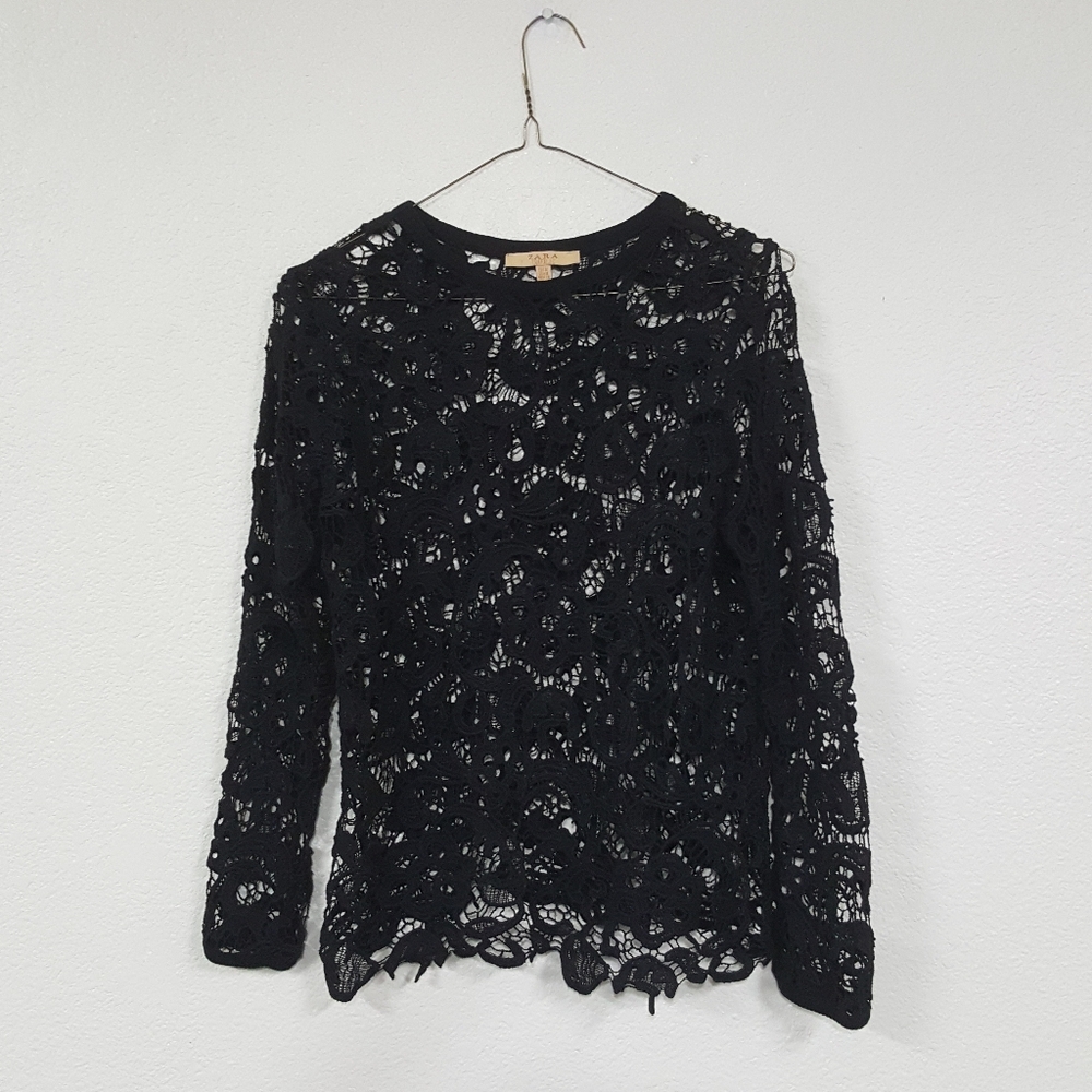 Zara Sz M Trafaluc Black Lace Knit Longsleeve Top